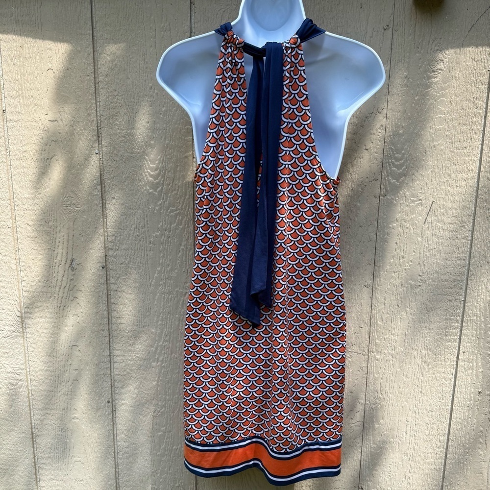 Mud Pie Women's Orange Blue White Sleeveless Tie Back Stretchy Mini Dress S - Picture 4 of 7